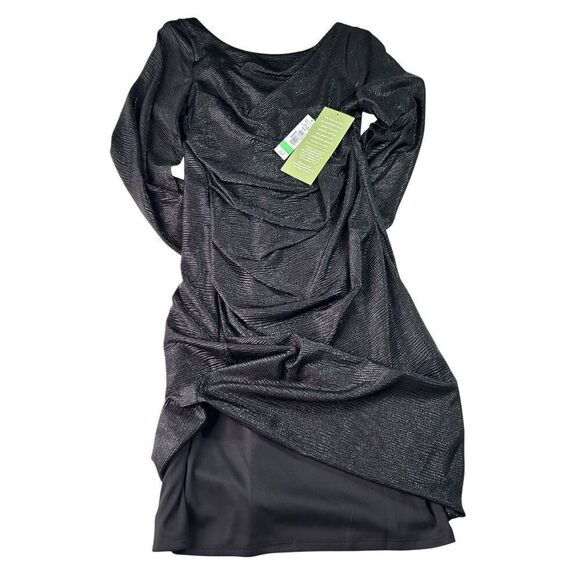 R&M Richards Women's Sz 8 Drape Back Metallic Knit Split Sleeve Short Dress Blck - Picture 12 of 16